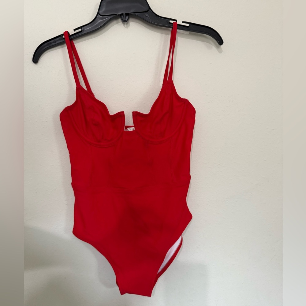 New Solid & Striped Red One Piece Swimsuit With K… - image 2